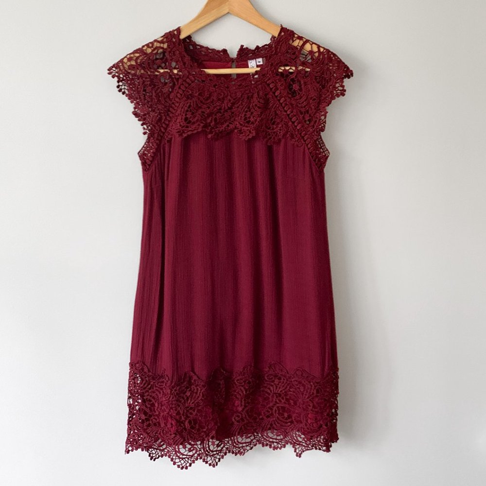 Andree By Unit Burgundy Dress with Crochet Lace Trim